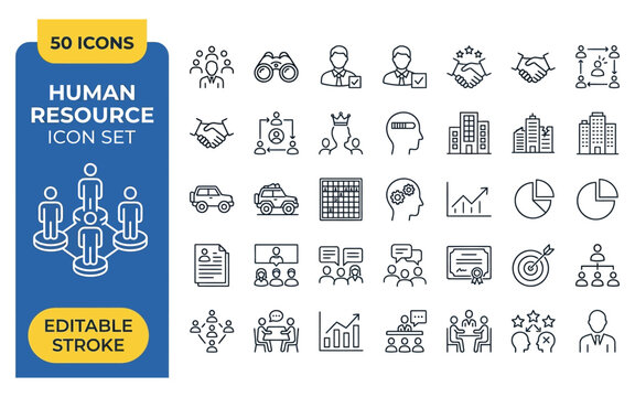 Human resource icon set with professional office symbols for team management and recruitment processes.