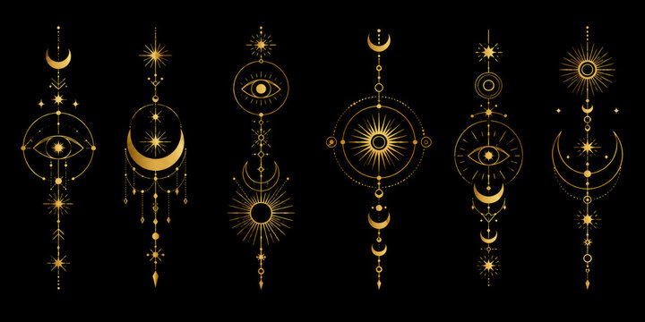 Vector golden set of mystical magic symbols. Spiritual occultism line objects with sun, moon, stars, eyes, sunburst, tribal. Trendy minimal style.