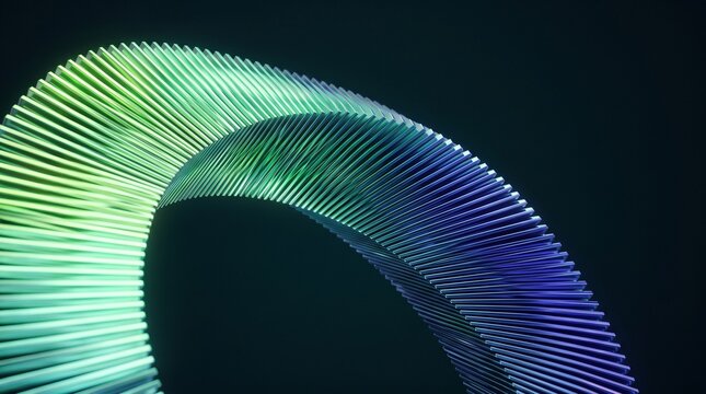 Abstract digital art featuring a luminous, curved structure with a vibrant green-to-blue gradient against a deep black background, creating a sense of dynamic motion and futuristic design.