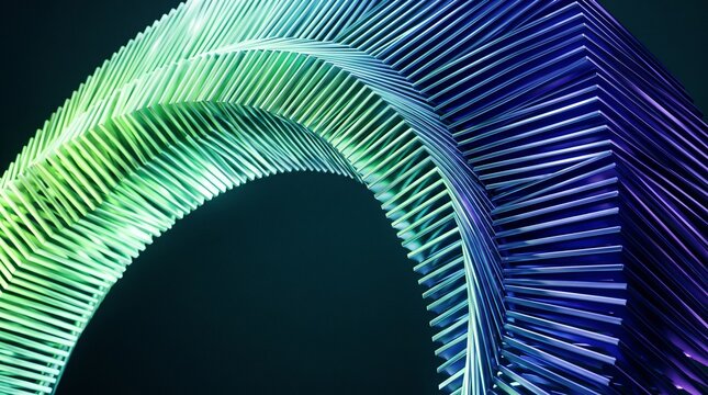 Abstract 3D digital art featuring a curved, ribbon-like structure composed of repeating parallel lines with a vibrant green to blue gradient against a dark background.