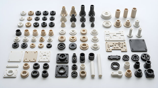 Collection of industrial plastic and metal machine parts on a white background
