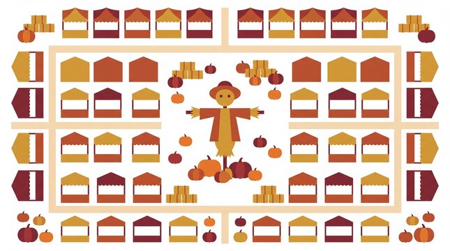Autumn harvest festival market map flat vector illustration with scarecrow and stalls