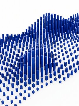 Abstract 3D digital visualization featuring a grid of varying heights of blue cylindrical pillars creating a wave-like landscape pattern against a clean white background