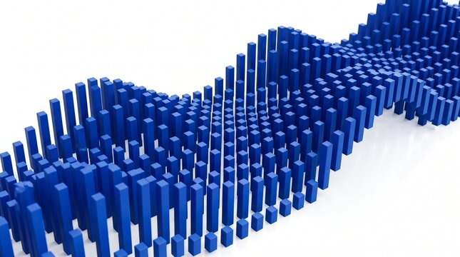 Abstract 3D digital visualization featuring a wave-like pattern of blue cylindrical pillars on a white background, representing data flow, connectivity, or geometric structure.