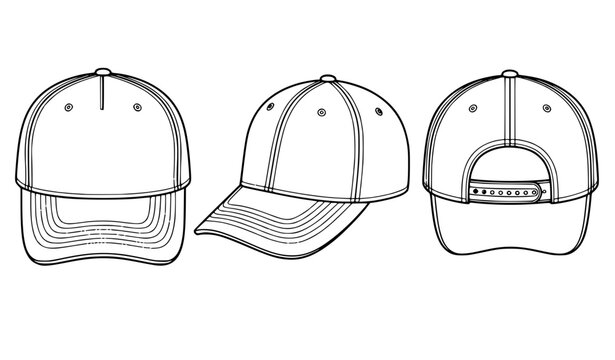 Classic baseball cap outline vector set with front side and rear views in minimalist line art