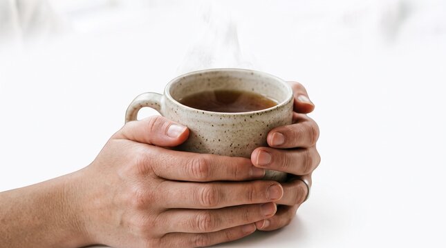 Close-up of hands holding a warm steaming mug of tea on a bright day