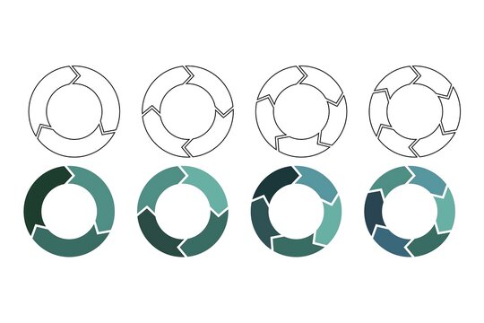 Collection of circular arrow diagrams in outline and colored styles, representing workflow, process cycles, business steps, progress, and continuous improvement