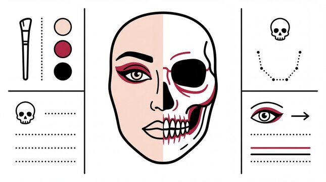 Flat lay line art illustration for a halloween skull makeup tutorial on a face chart with guides