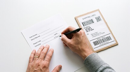 Obraz premium Person filling out a return form next to a shipping label on a package