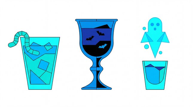 Spooky halloween cocktail vector illustration set including swamp drink bat chalice and ghost shot