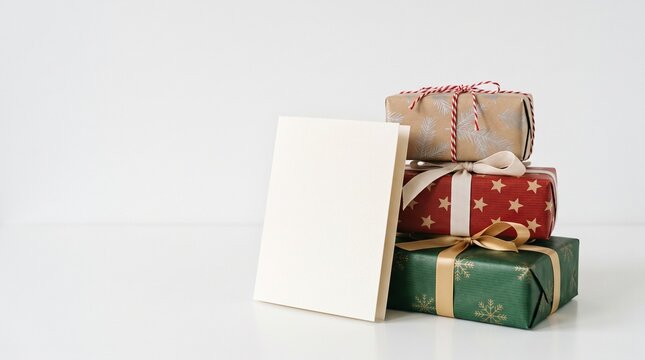 Blank greeting card propped against a stack of festive holiday gift boxes