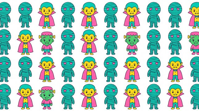 Seamless halloween pattern of cute flat design mummies vampires and frankenstein monsters