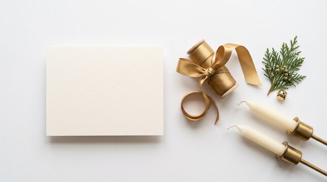 Flat lay of holiday card supplies with golden ribbon, candles, and evergreen sprig