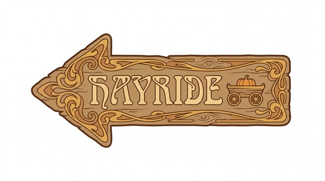 Art nouveau wooden hayride sign arrow with pumpkin wagon icon vintage illustration