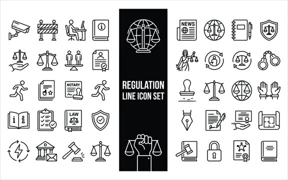 Regulation line icon set with legal symbols and justice concepts for professional compliance and law practice design.
