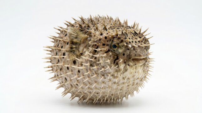 Inflated Pufferfish with Intricate Defensive Spines Isolated on White Background