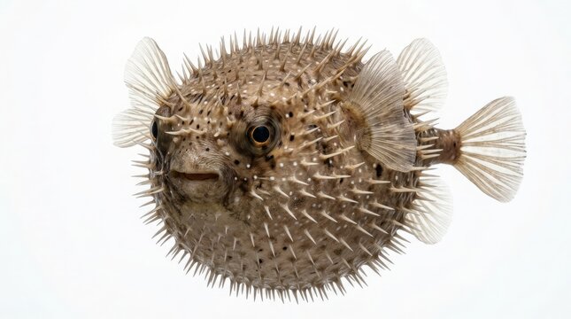Inflated Pufferfish with Intricate Defensive Spines Isolated on White Background