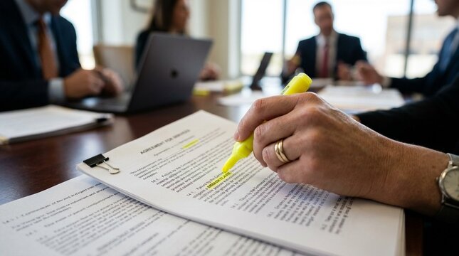 Hand Highlighting Breach Clause during Contract Dispute Review