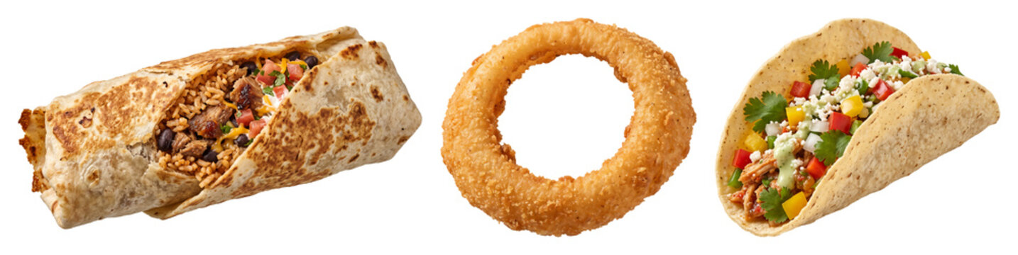Mexican food collection with burrito, taco, and onion ring