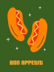 Fototapeta premium Bon Appetit Hotdog Poster, Vintage Fast Food Vector Illustration, Retro Green Diner Wall Art Print, Groovy Sausage Snack Graphic, Cute Restaurant Menu Card, Y2K Kitchen Decor Print, Food Truck Icon