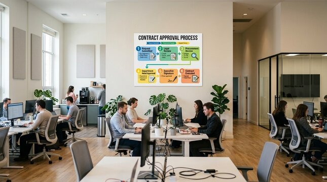 Office with Poster Summarizing the Contract Approval Process