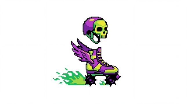 Pixel art roller skate with wings and skull helmet leaving green fire trail