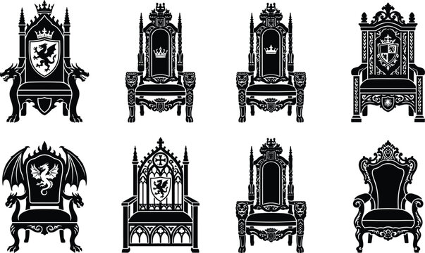 Medieval Royal Throne Black Silhouette Icon Set with Gothic Fantasy King Chairs and Heraldic Crest Symbols for Gaming Logo Designs