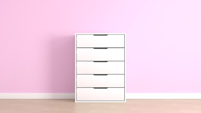 White chest of drawers against light pink wall with copy space - 3D render