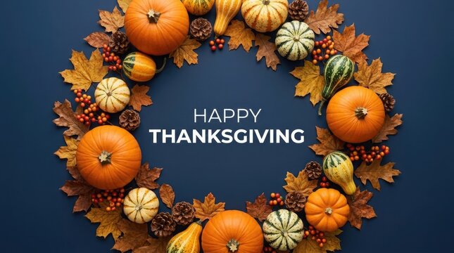 Happy thanksgiving greeting card with autumn wreath of pumpkins and leaves on blue background