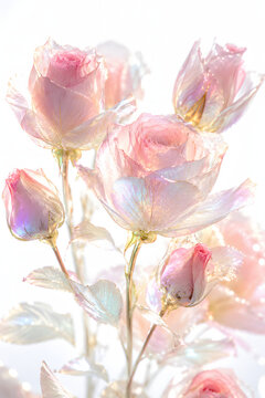 Pink crystal glass roses with pearlescent shimmer and golden details on high key bright background
