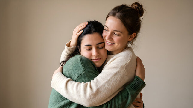 Two young female friends hugging each other warmly at home