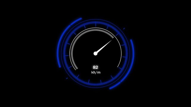 Digital speedometer gauge animation tracks sixty five km speed. Automotive acceleration moves along the speedometer gauge. Fast driving performance guides this speedometer gauge.