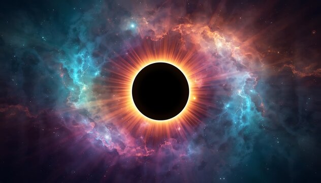 Solar eclipse with cosmic nebula background