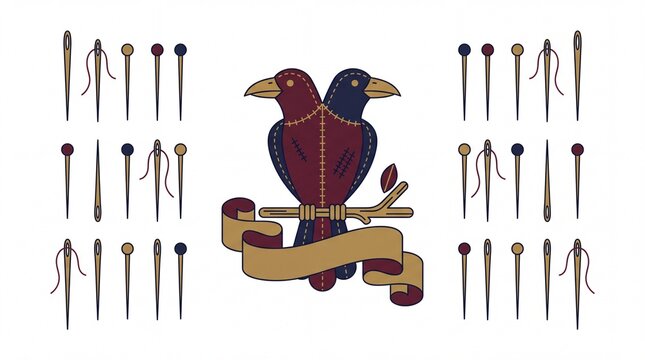 Mid-century modern illustration of two-headed stuffed crow emblem with sewing needles flat-lay