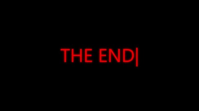 The end text animation displays a blinking typewriter cursor. Dramatic movie closing titles use this bold the end text. Video outro typography highlights the glowing the end text.