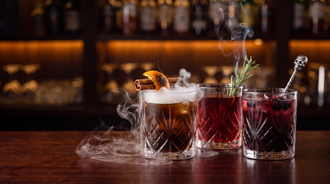 Cocktail bar scene with smoke and drinks