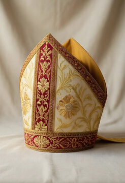 Ornate bishop mitre hat with gold embroidery