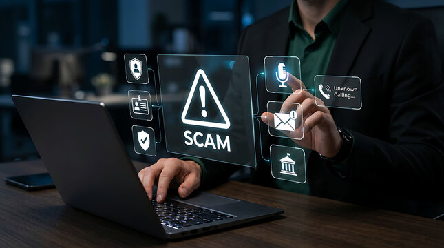 Man using laptop with digital security hologram displaying scam alert warnings