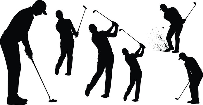 Golf Player Silhouettes Set with Golfers Swinging Putting and Hitting Sand Bunker Shots