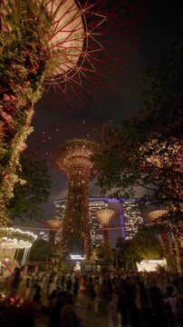 Night illumination light show at Gardens by the Bay in Singapore City. Tourist points and attractions in Asia.
