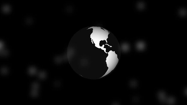 Globe showing the Americas animation drifts among blurred lights. Digital cartography coordinates guide the globe showing Americas. Worldwide telecommunication networks route on the globe.