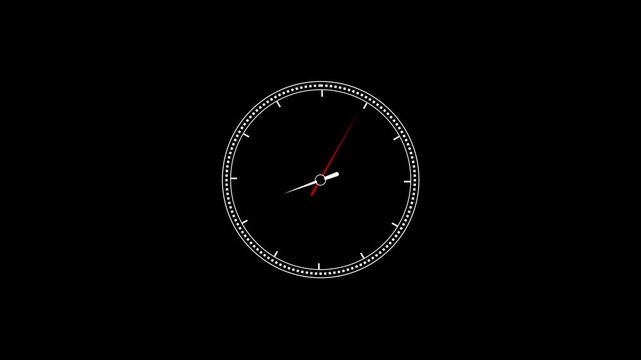 Analog clock animation moves its red second hand around dial. Minimalist time management schedules guide this analog clock. Precise clockwork telemetry tracks on the analog clock.
