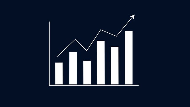 Rising bar chart animation displays an upward growth trend arrow. Financial business revenue success updates on the bar chart. Corporate economic progress drives the rising bar chart.