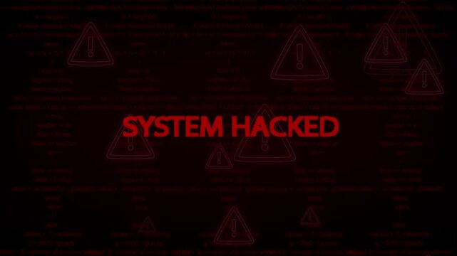 Warning screen animation displays urgent system hacked alerts. Cyber security breach notifications flash on the warning screen. Computer danger code lines stream across the warning screen.