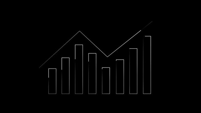 Outline bar chart animation tracks rising line graph analytics. Financial market performance updates on this outline bar chart. Corporate economic growth reflects on the outline bar chart.