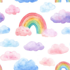 Obraz premium Pastel Watercolor Rainbows and Colorful Clouds Seamless Pattern