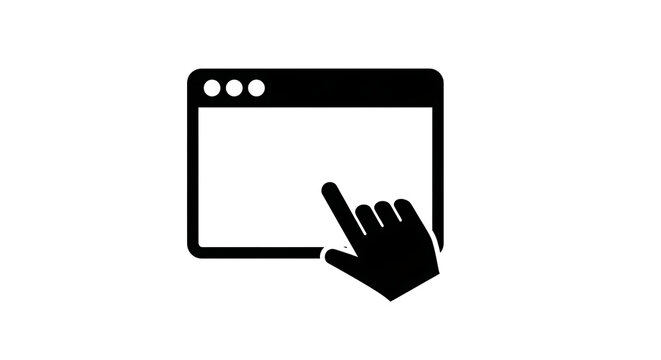 Browser window icon with hand cursor clicking on a web interface for digital interaction.