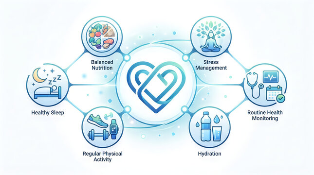 Modern network of connected health icons with heart symbol