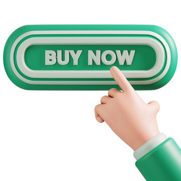 Green buy now button clicked by hand 3D rendering for online checkout page