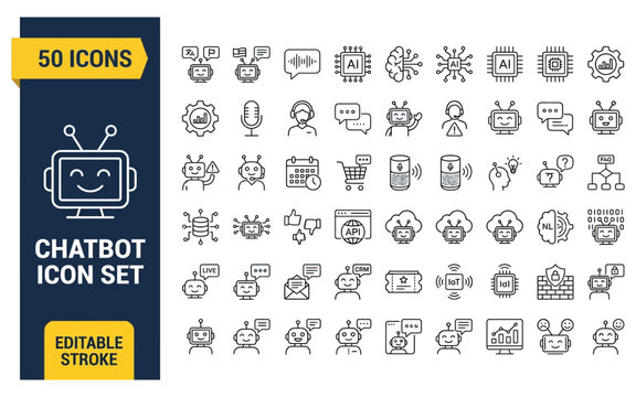 Artificial intelligence chatbot icon set with editable strokes for messaging and customer support.